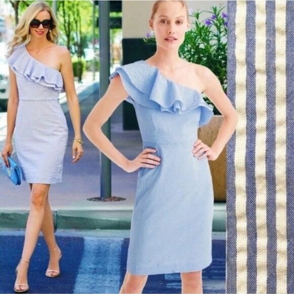 J. Crew One Shoulder Ruffle Seersucker Dress in blue size 10 NWT - Picture 2 of 15